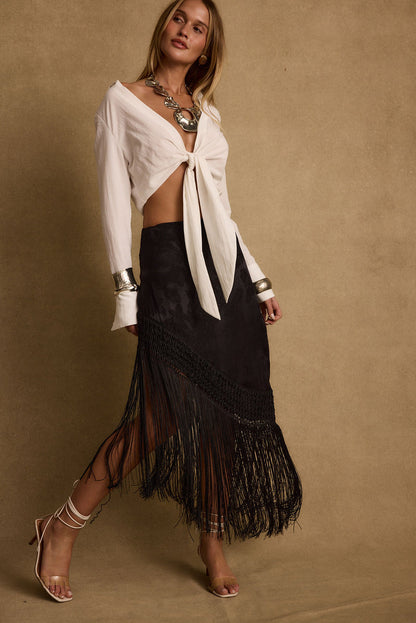 Frankie Black Satin Jacquard Fringe Midi Skirt paired with complementary accessories for a polished look.