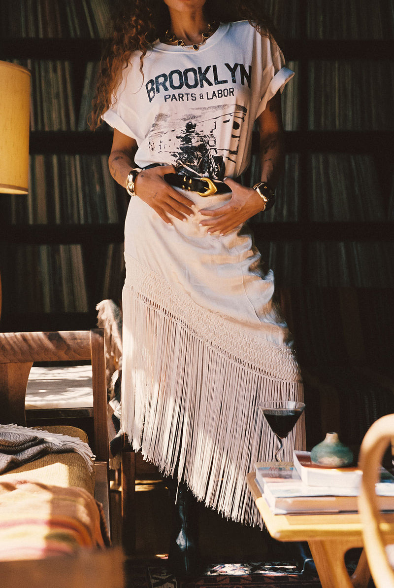 Frankie Cream Satin Jacquard Fringe Midi Skirt styled in a complete look from an alternate angle.