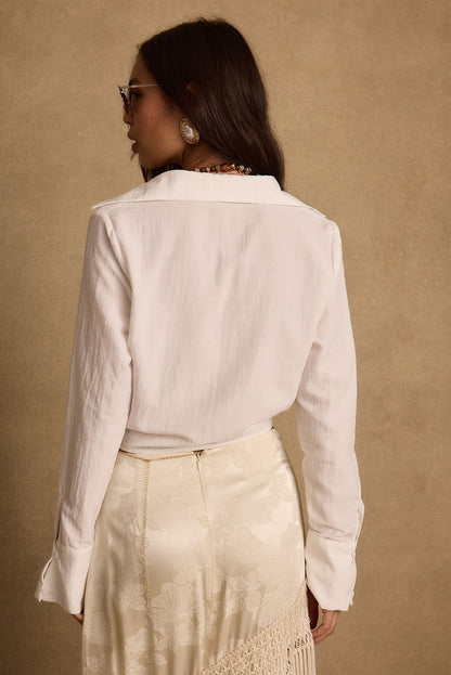 Frankie Cream Satin Jacquard Fringe Midi Skirt paired with complementary accessories for a polished look.