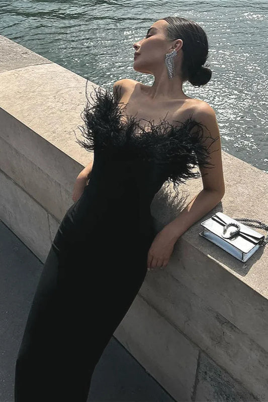 Frayed Edge V-Neck Strapless Fitted Maxi Party Dress Black / S