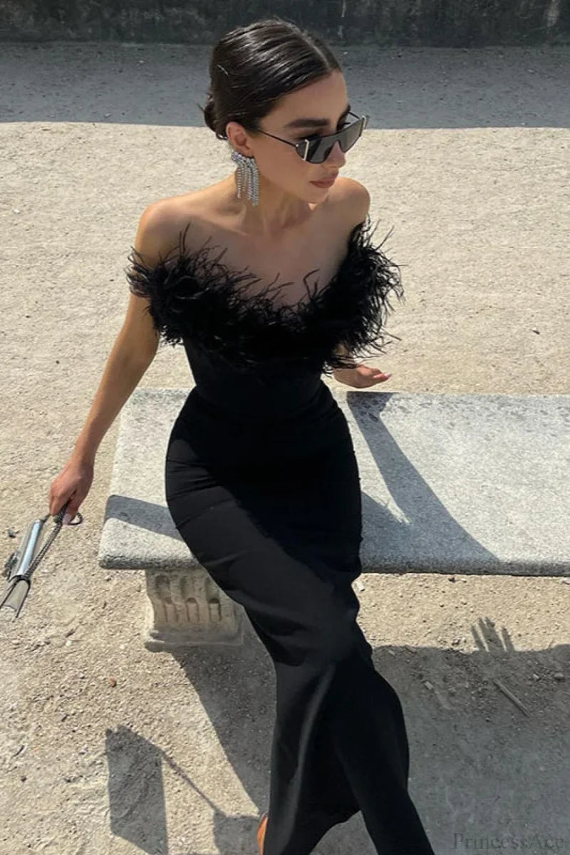 Frayed Edge V-Neck Strapless Fitted Maxi Party Dress