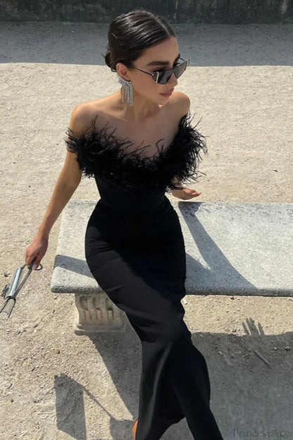 Frayed Edge V-Neck Strapless Fitted Maxi Party Dress