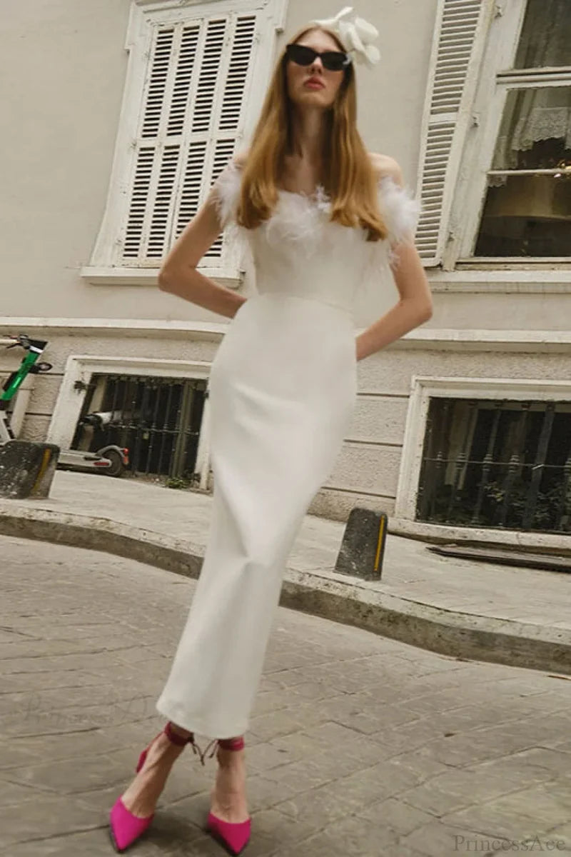 Frayed Edge V-Neck Strapless Fitted Maxi Party Dress