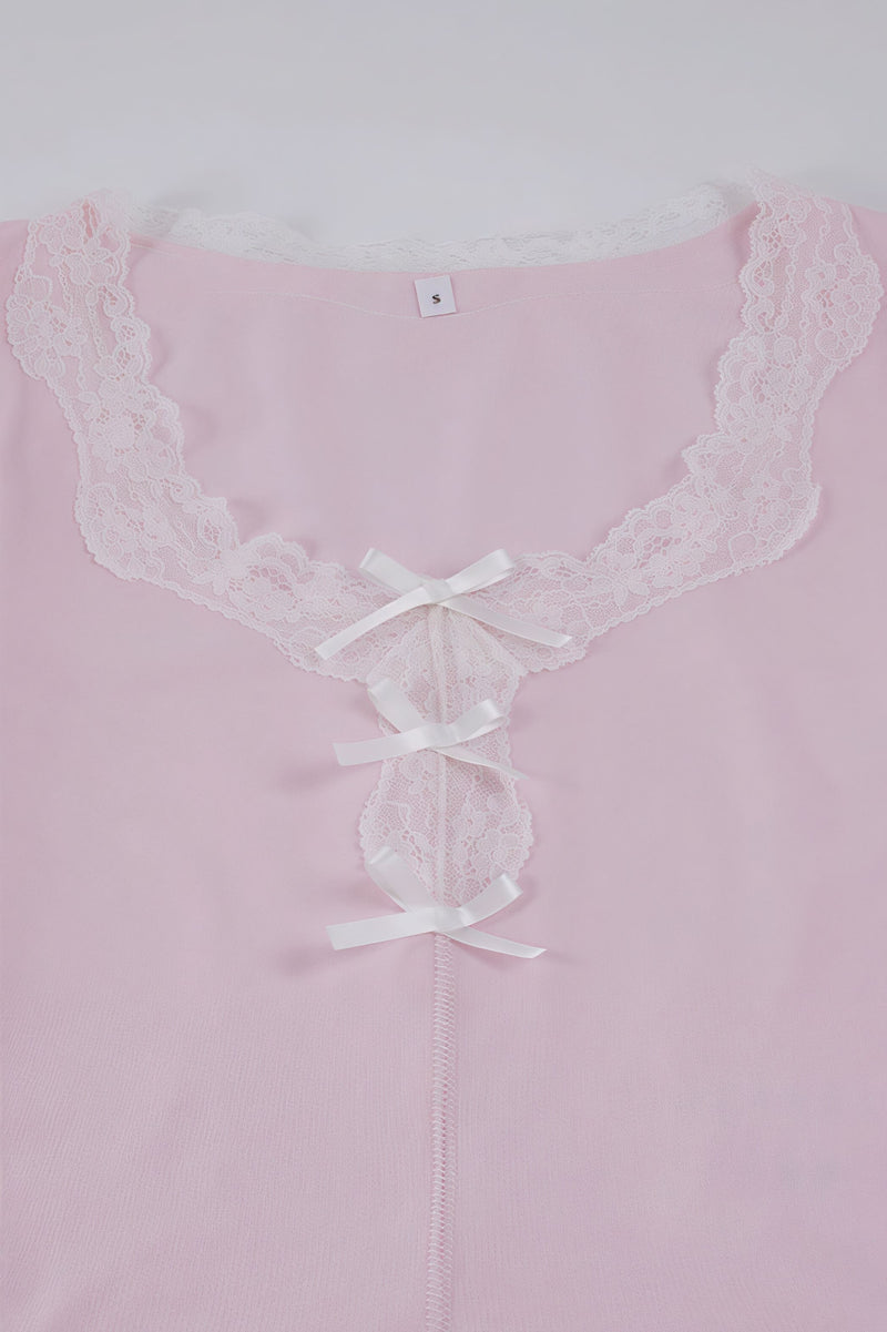 French Romantic Lace Bow Long Sleeve Culottes Set