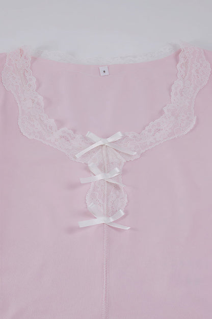French Romantic Lace Bow Long Sleeve Culottes Set