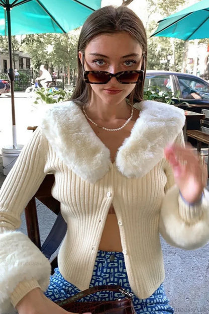 Fuzzy Collar Knit Long Sleeve Cardigan Apricot / One Size