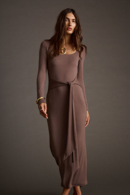 Close-up of the Giavana Dark Taupe Maxi Dress showcasing the fabric texture and design details.