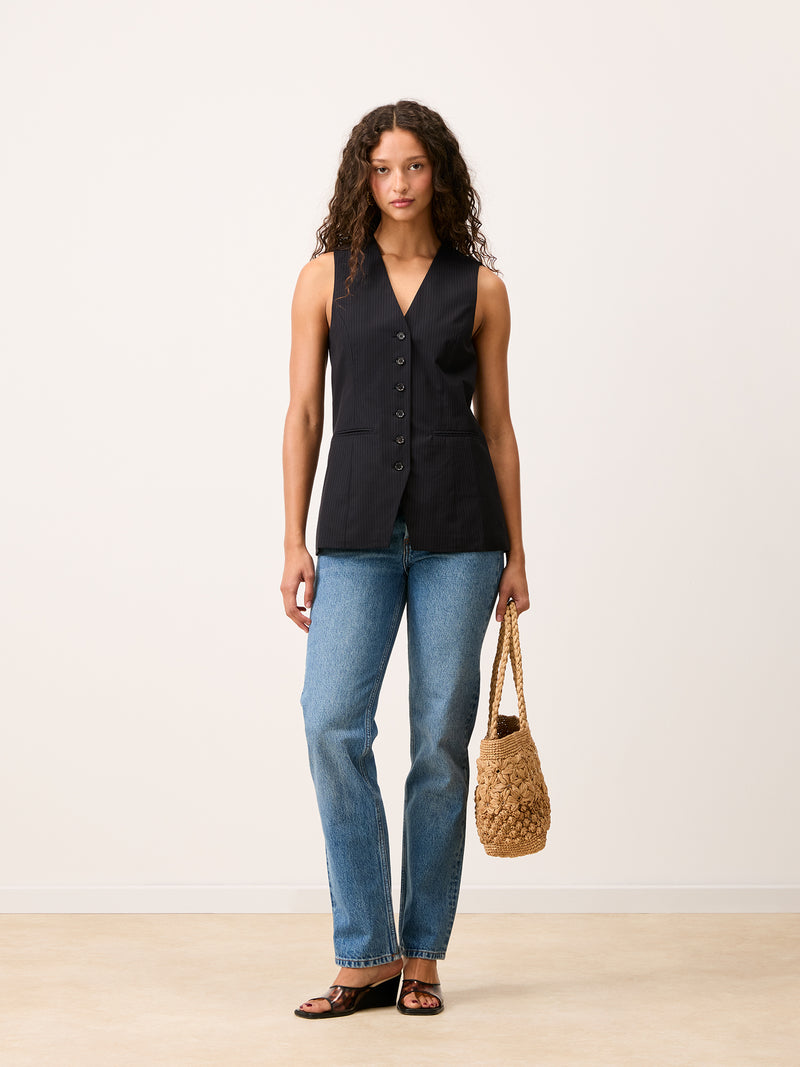 FABRICE black pinstripe tailored vest jacket, back view by Rouje