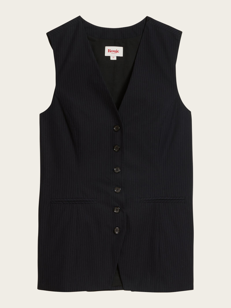 FABRICE black pinstripe tailored vest jacket, lifestyle setting by Rouje
