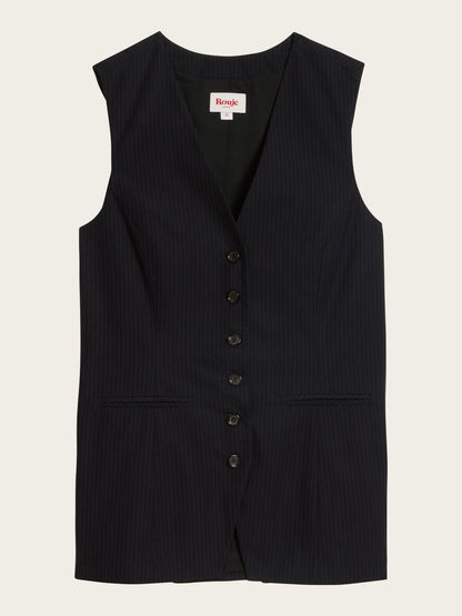 FABRICE black pinstripe tailored vest jacket, lifestyle setting by Rouje
