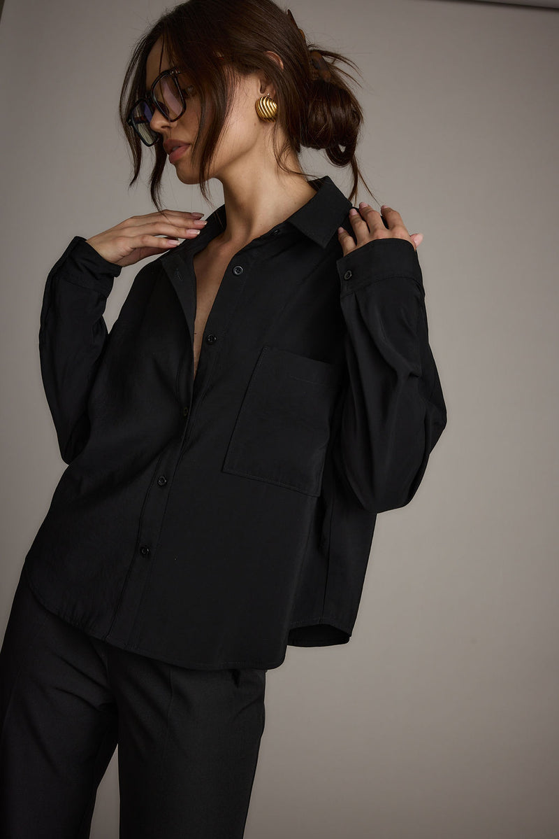Gisele Black Poplin Button Down styled in a complete look from an alternate angle.