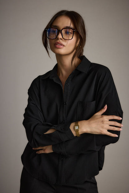 Gisele Black Poplin Button Down paired with complementary accessories for a polished look.