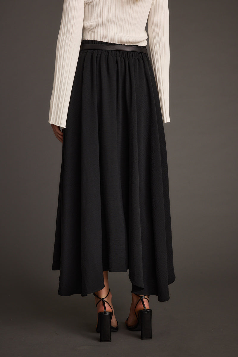 Gloria Black Midi Skirt styled in a complete look from an alternate angle.