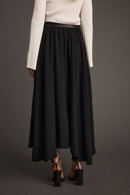 Gloria Black Midi Skirt styled in a complete look from an alternate angle.