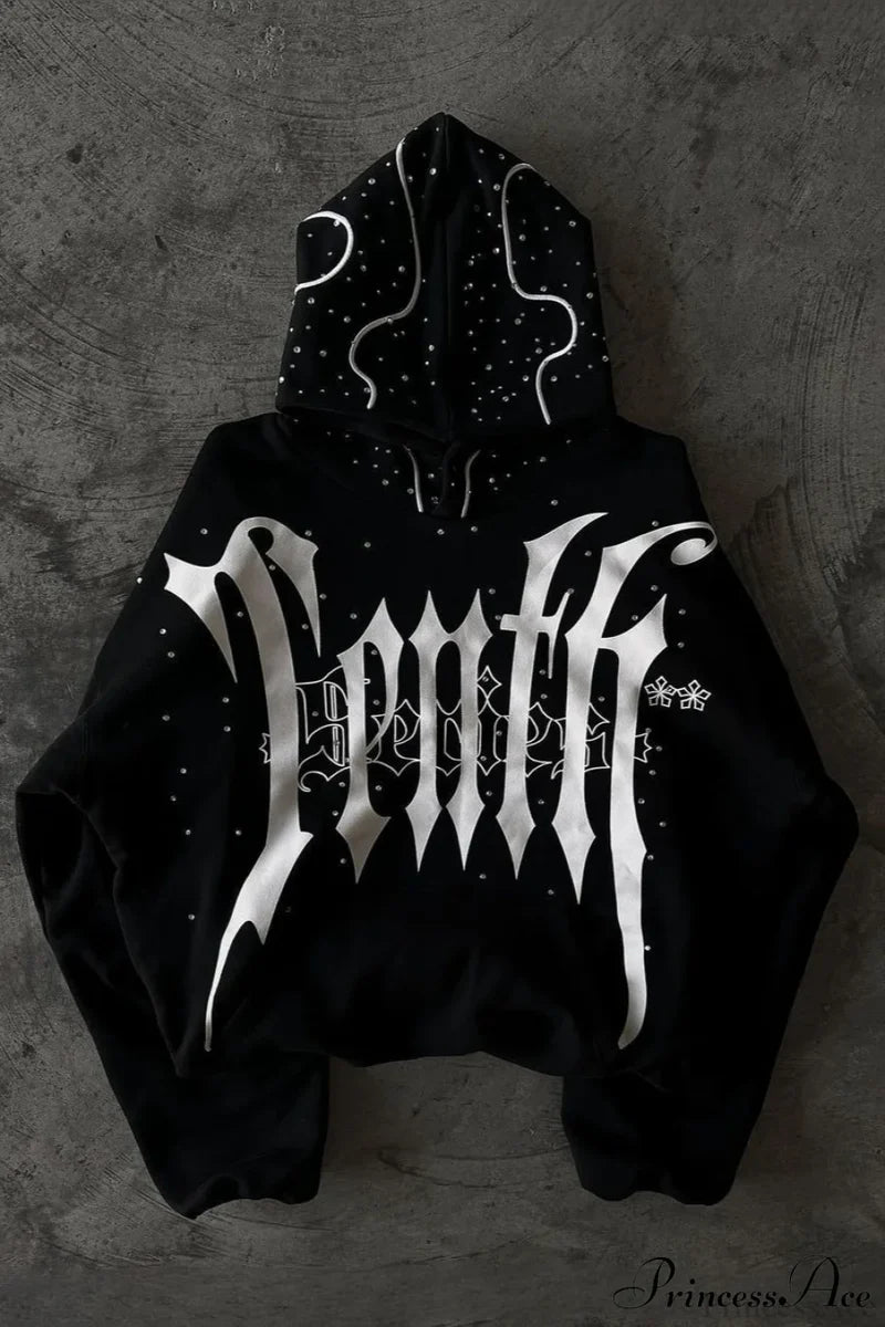 Goth Dark Letter Print Unisex Harajuku Oversized Hoodie Black / S