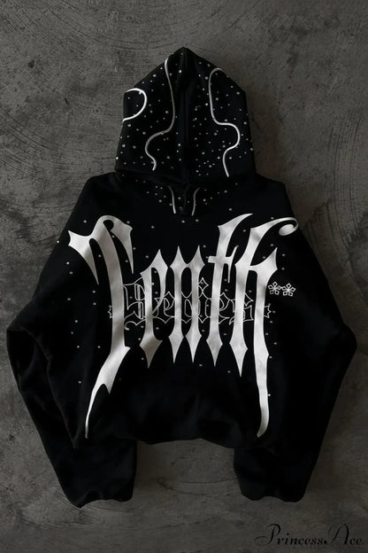 Goth Dark Letter Print Unisex Harajuku Oversized Hoodie Black / S