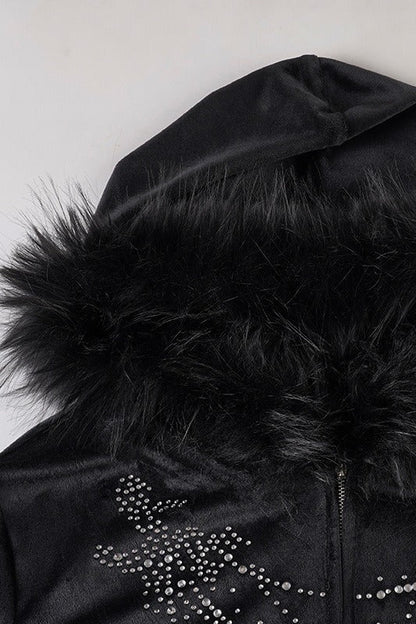 Gothic Rhinestone Fur Paneled Slim Hoodie