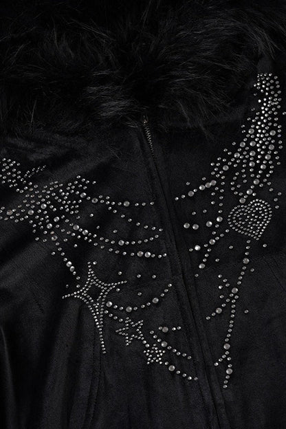 Gothic Rhinestone Fur Paneled Slim Hoodie