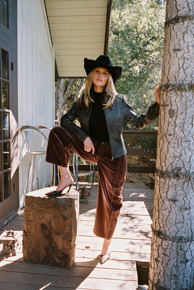 Gracyn Mulberry Velveteen Barrel Pants styled in a complete look from an alternate angle.