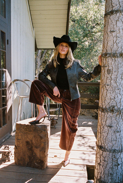 Gracyn Mulberry Velveteen Barrel Pants styled in a complete look from an alternate angle.