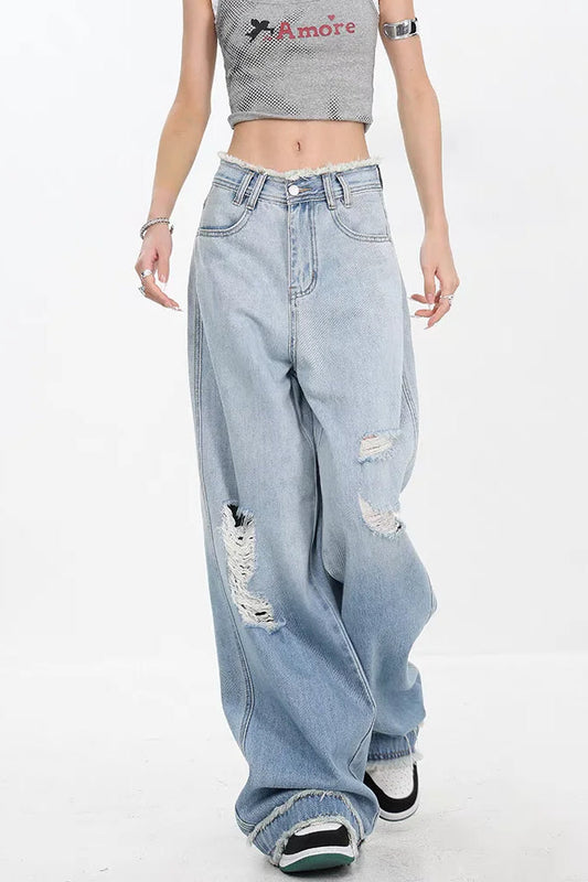 Gradient Ripped Straight Leg Jeans Blue / S