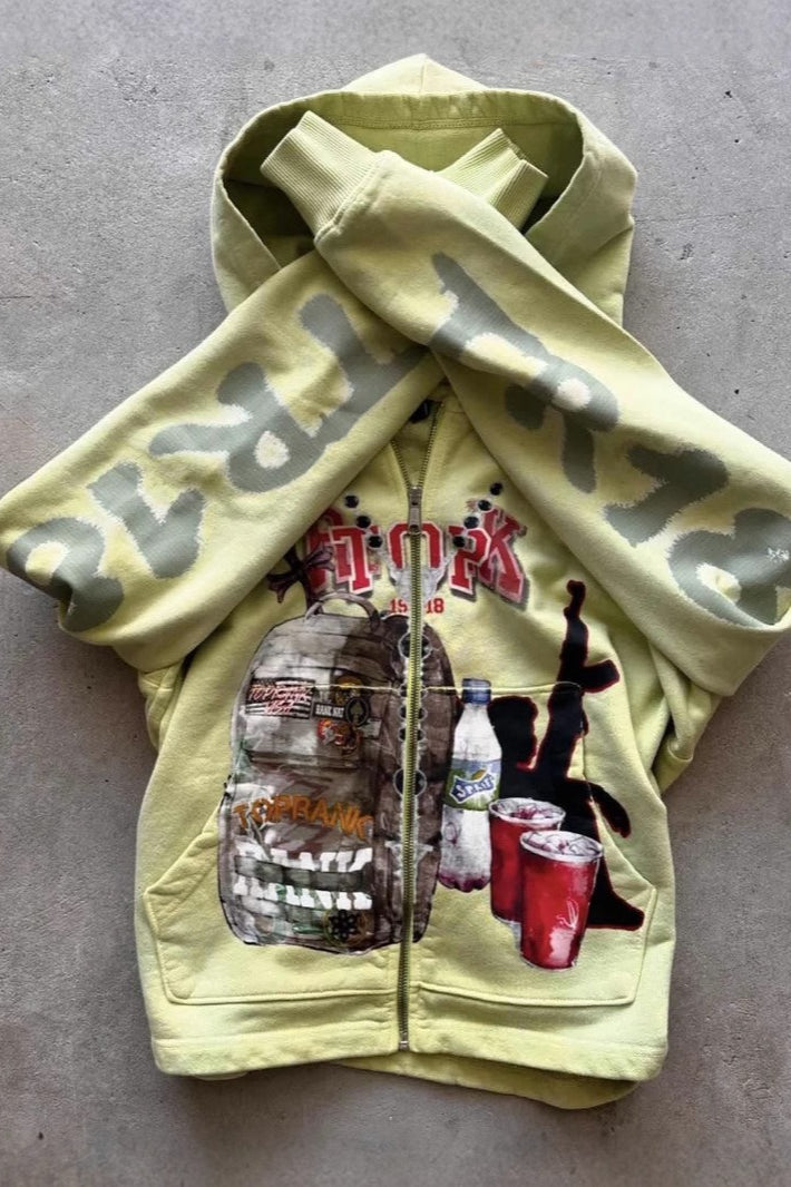 Graffiti Print Oversized Zipper Casual Hoodie