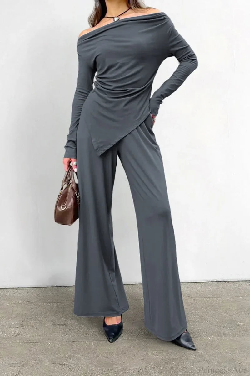 Gray Knit Off-the-Shoulder High Waist Wide Leg Two Piece Set Grey / S
