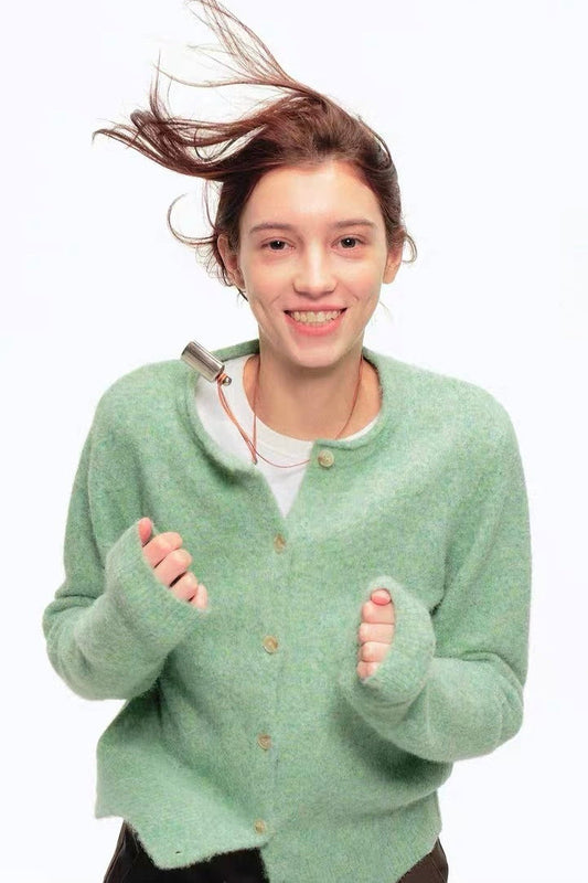 Green Wool Blend Crew Neck Knit Cardigan