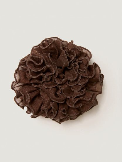 MAFALDA chocolate frilly giant scrunchie with gold thread, front view by Rouje