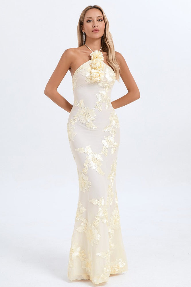 Halter Floral Foil Print Maxi Dress XS / White