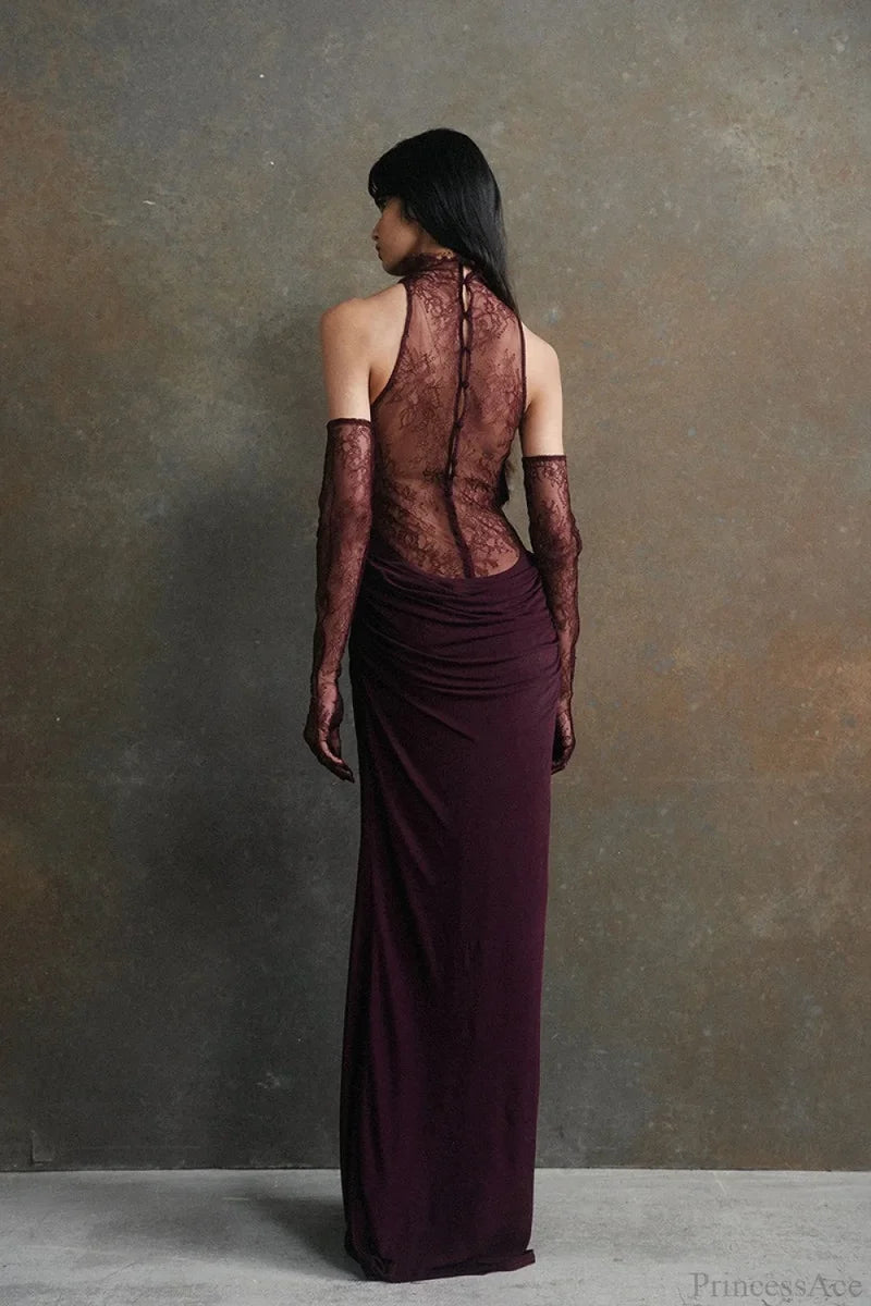 Halter Lace Paneled Deep V Ruched Wedding Dress
