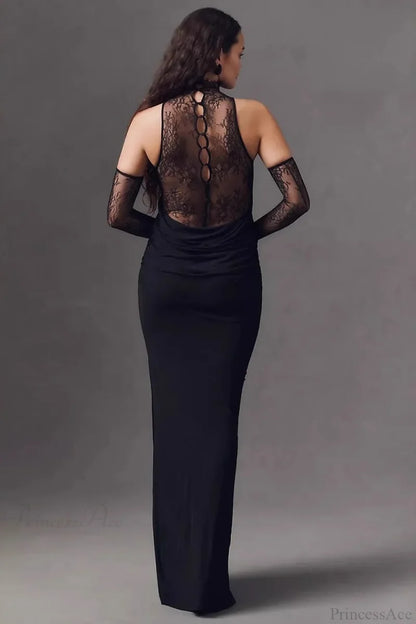 Halter Lace Paneled Deep V Ruched Wedding Dress
