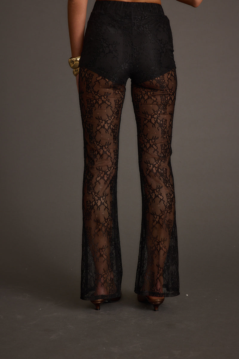 Close-up of the Happy Hour Black Lace Flare Pant showcasing the lace texture and craftsmanship.