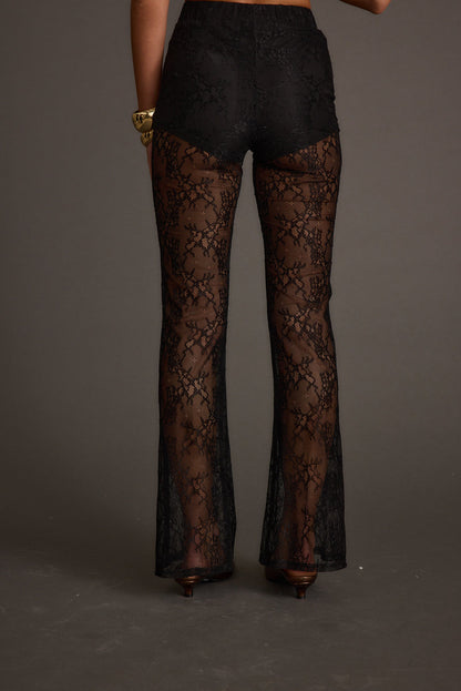 Close-up of the Happy Hour Black Lace Flare Pant showcasing the lace texture and craftsmanship.