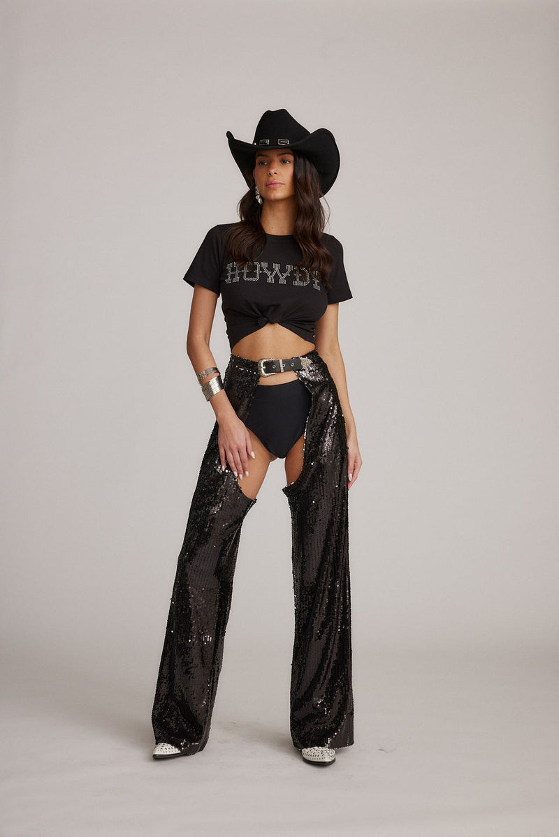 Hartley Black Sequin Chaps paired with complementary accessories for a polished look.