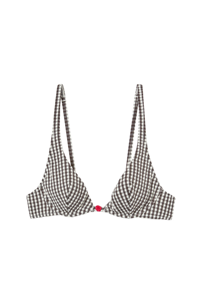 ANGELE black gingham triangle bikini top with bows, flat packshot by Rouje x Etam