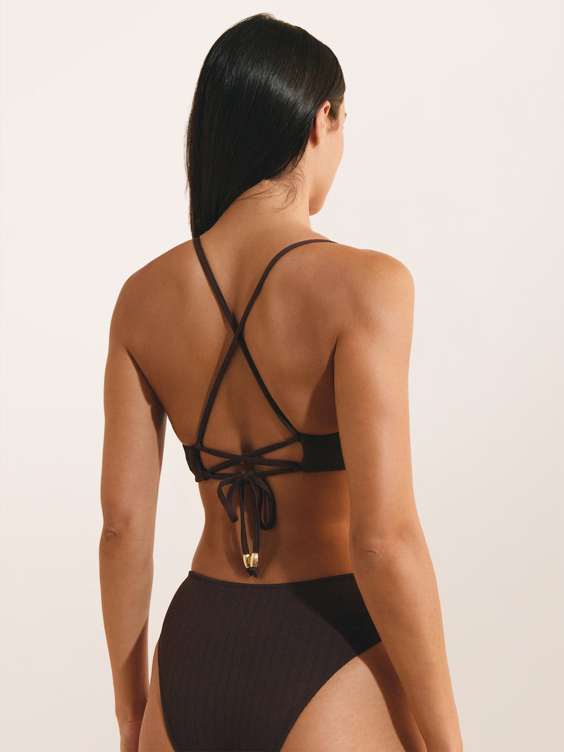 DREW chocolate brown bralette bikini top, detail of criss-cross back straps by Rouje x Etam