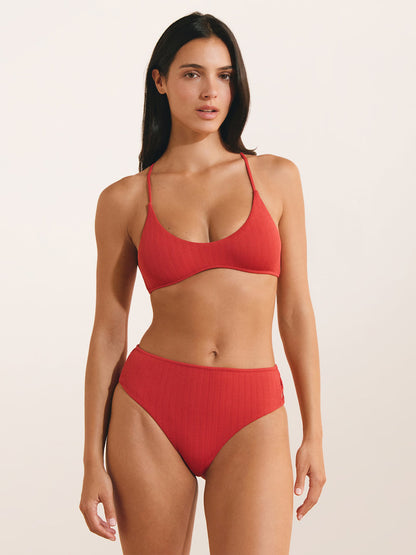 DREW red bralette bikini top, lifestyle setting by Rouje x Etam
