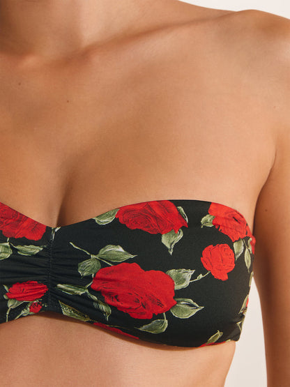 SADE red roses print bandeau bikini top, detail of gathered chest by Rouje x Etam
