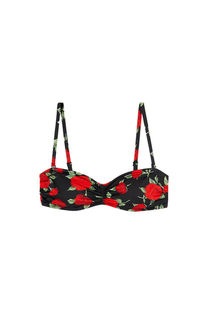 SADE red roses print bandeau bikini top, flat packshot by Rouje x Etam