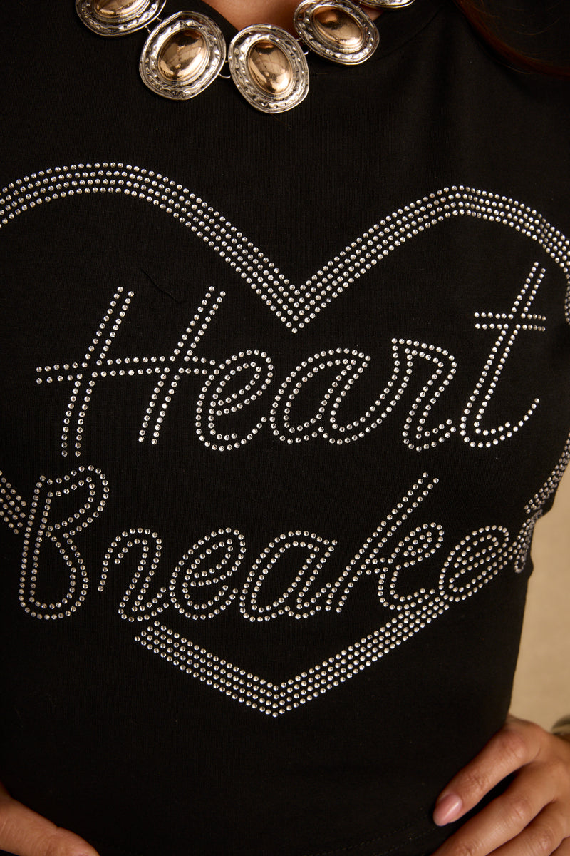 Heartbreaker Black Rhinestone Graphic Tee styled in a complete look from an alternate angle.