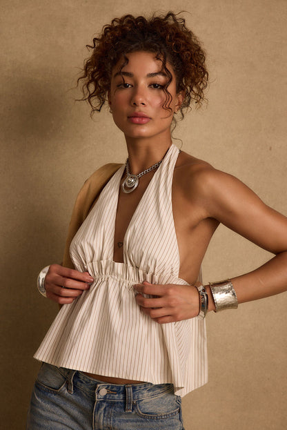 Heda Beige Striped Halter Top styled in a complete look from an alternate angle.