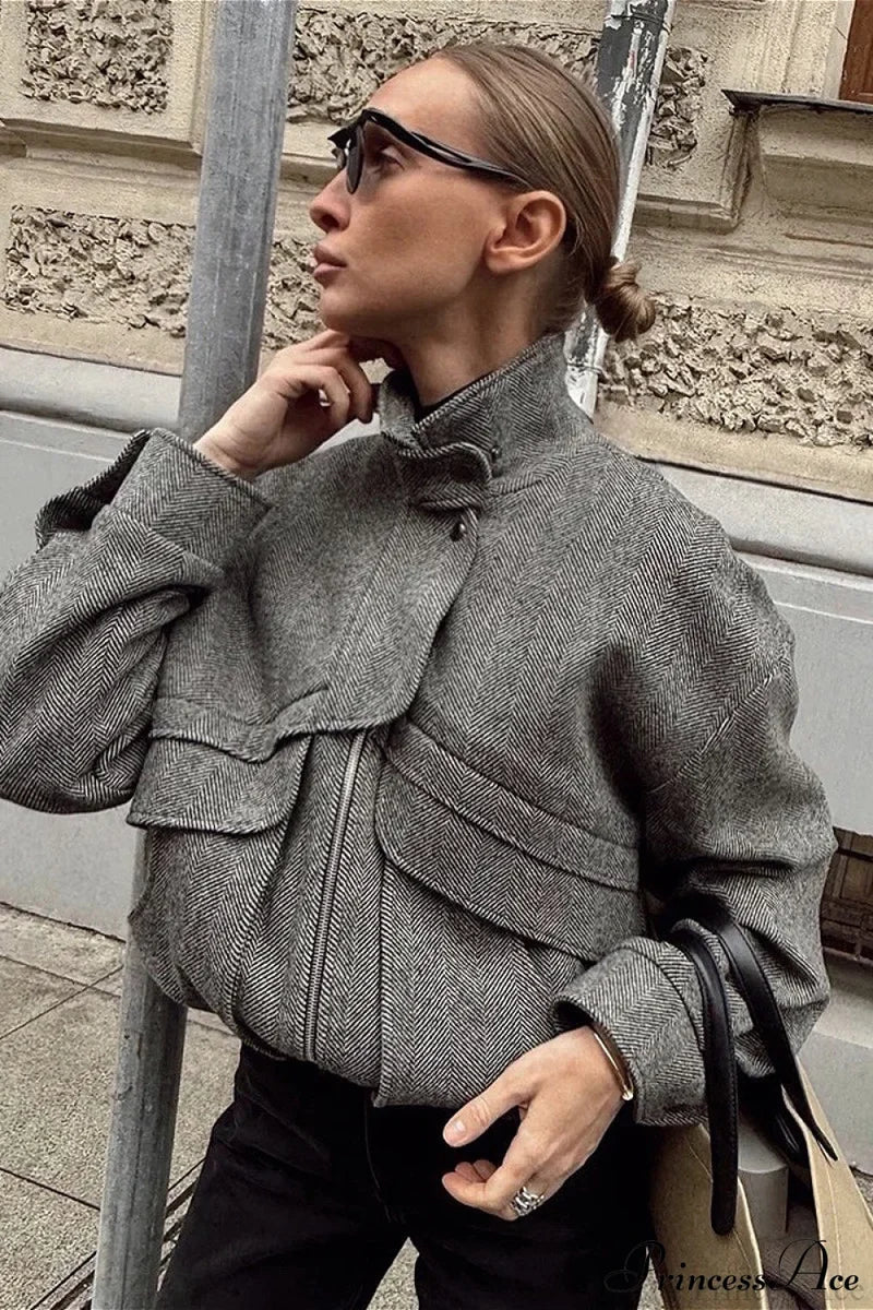 Herringbone Stand Collar Zip Pocket Coat Black / S