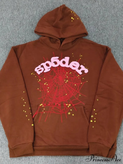 High Pile Fleece Foam Spider Print Hoodie S / Brown