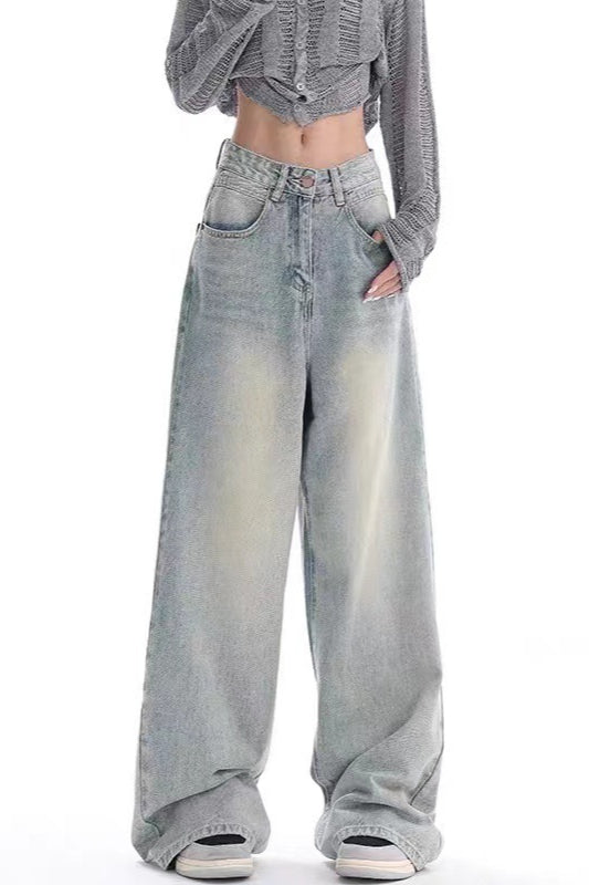 High Waist Draped Gradient Ripped Jeans Blue / S