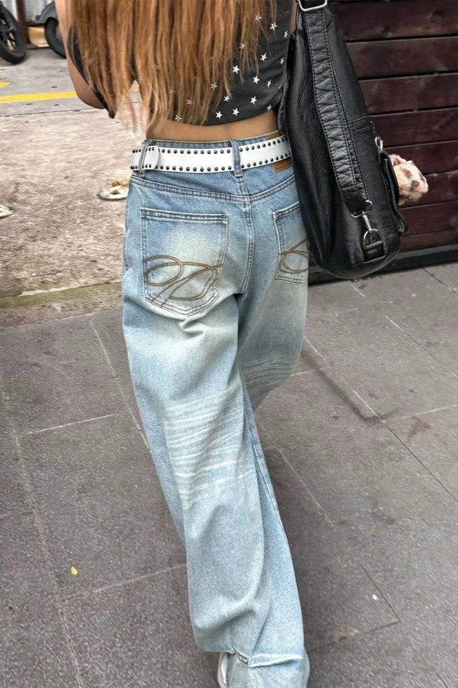 High Waist Embroidered Wide Leg Jeans