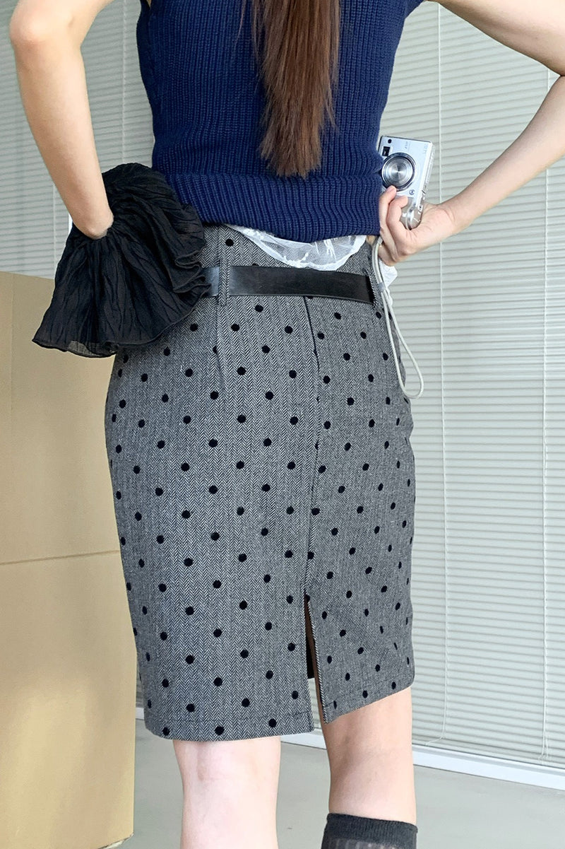 High Waist Flocked Polka Dot Bodycon Midi Skirt