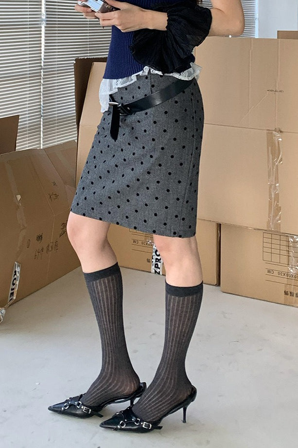 High Waist Flocked Polka Dot Bodycon Midi Skirt