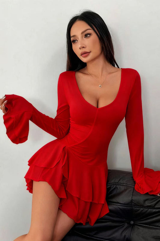 High Waist Slim Fit Solid Color Long Sleeve Mini Dress