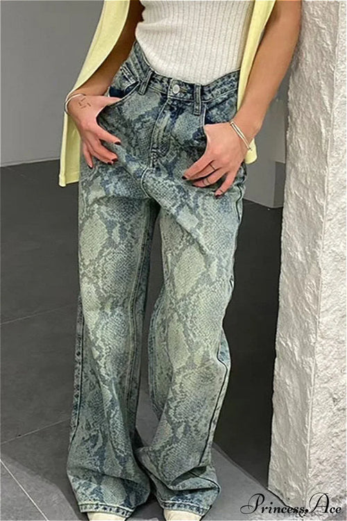 High Waist Snake Print Washed Straight Jeans Blue / S